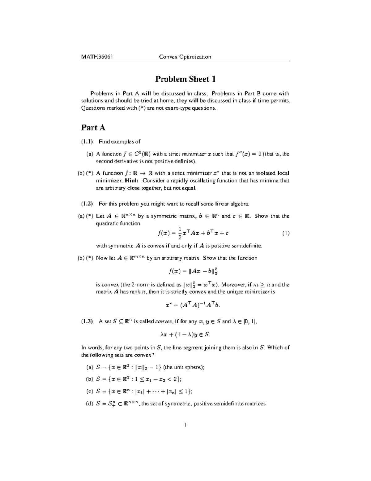 Pr1 - Problem sheet 1 - MATH36061 Convex Optimization Problem Sheet 1 ...