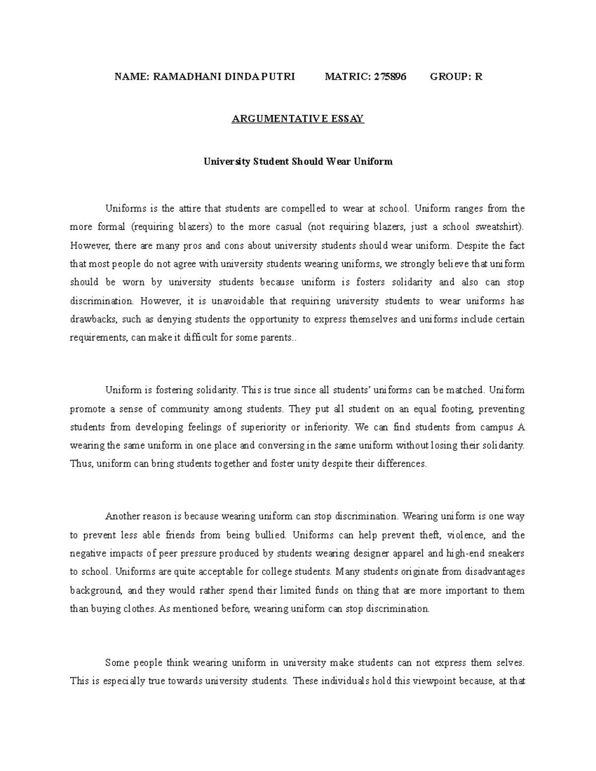 Argumentative Essay Assignment - NAME: RAMADHANI DINDA PUTRI MATRIC ...