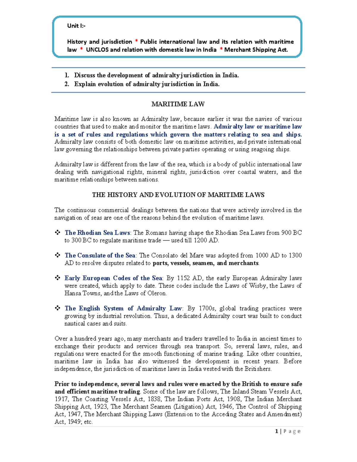 01 The History and Evolution 1 P a g e MARITIME LAW Maritime law is