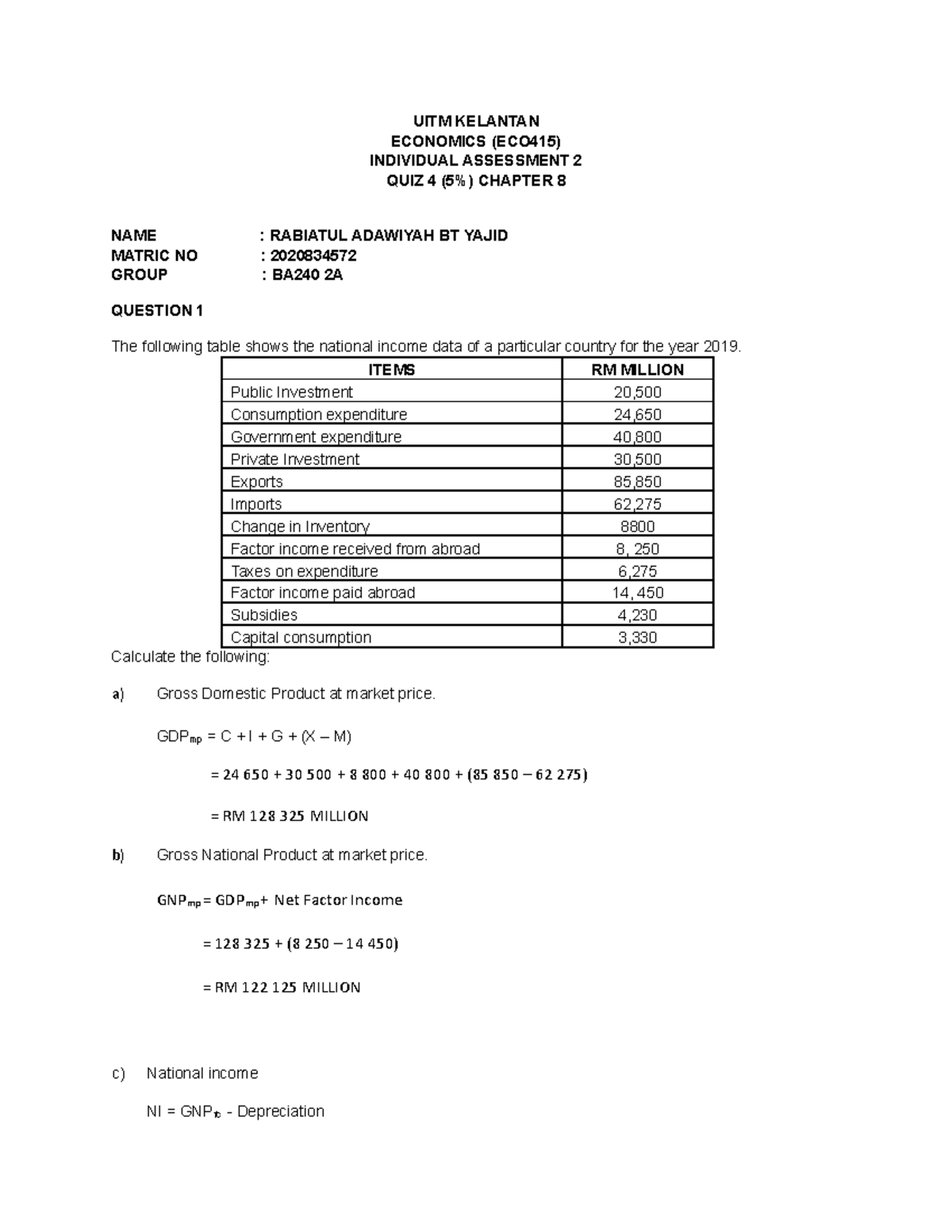 QUIZ ECO Chapter 8 - UITM KELANTAN ECONOMICS (ECO415) INDIVIDUAL ...