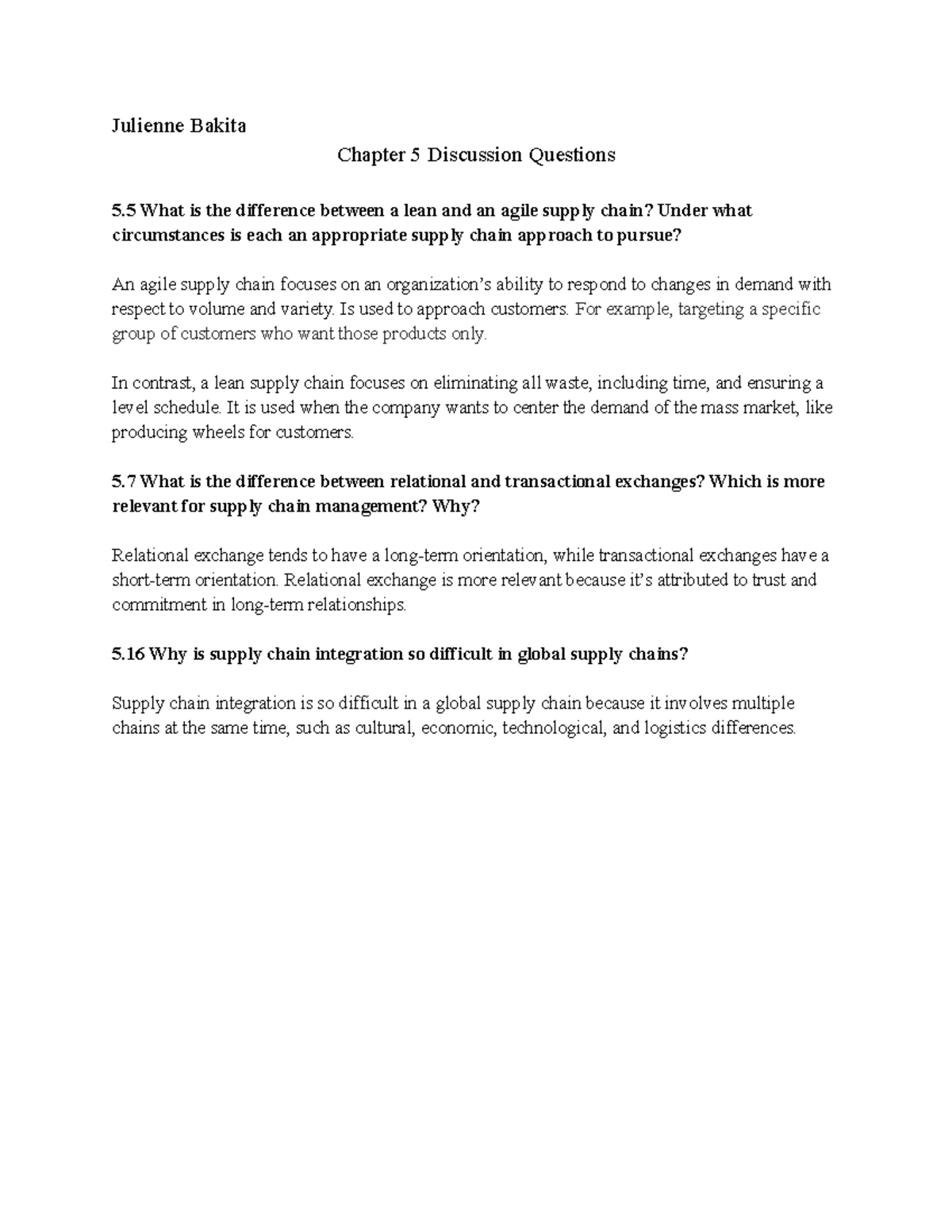 Chapter 5 End of chapter discussion question - Julienne Bakita Chapter ...