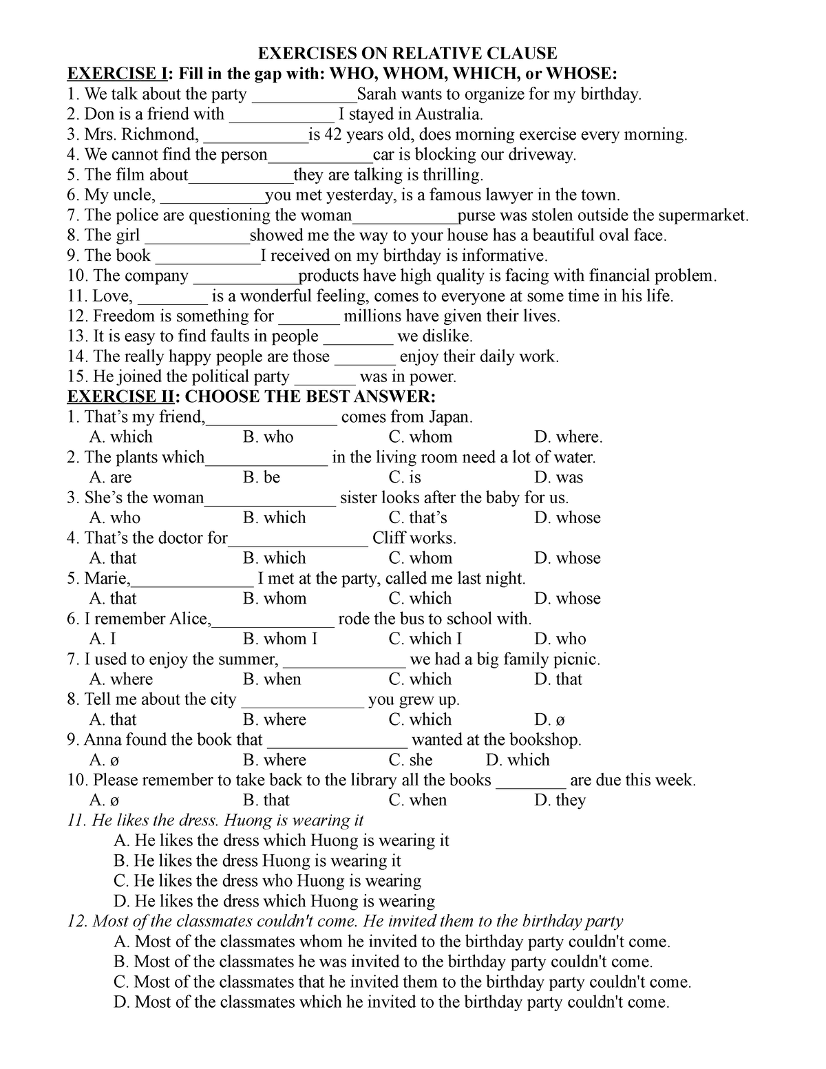 Relative Clauses Exercises For Class 5