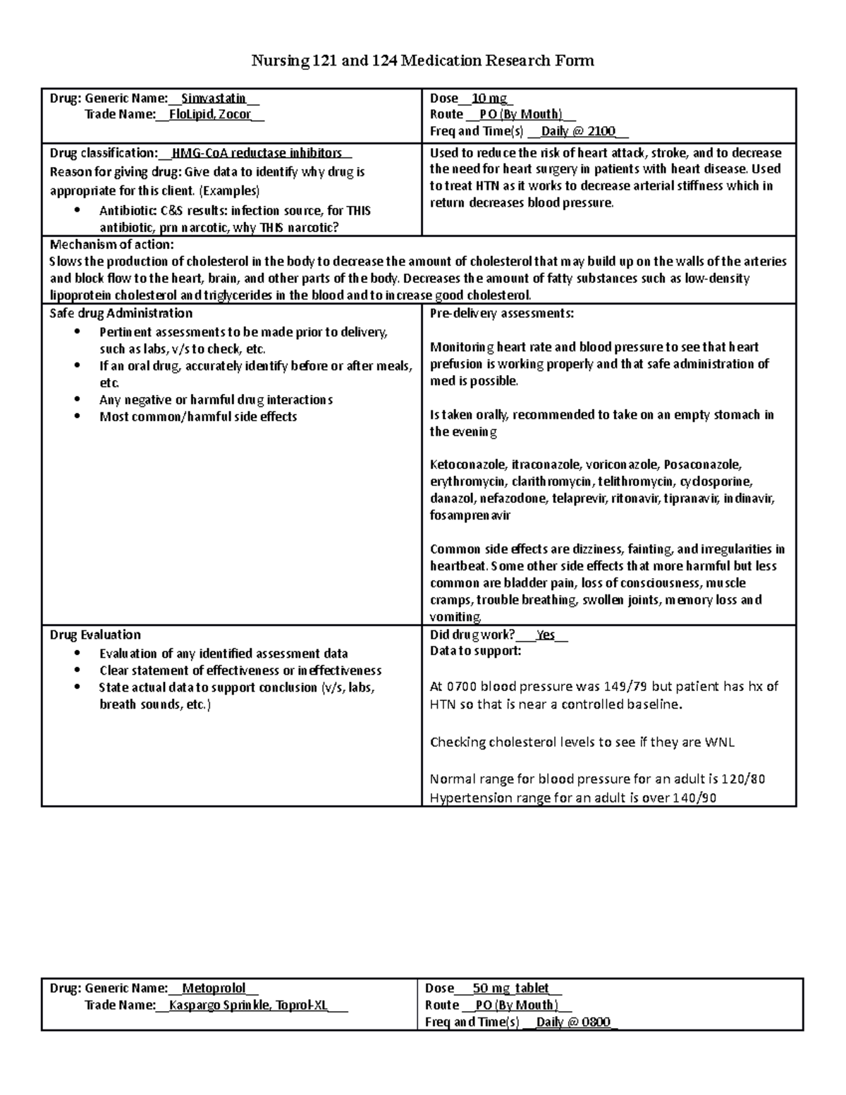 Simvastatin &Metoprolol - Nursing 121 and 124 Medication Research Form ...