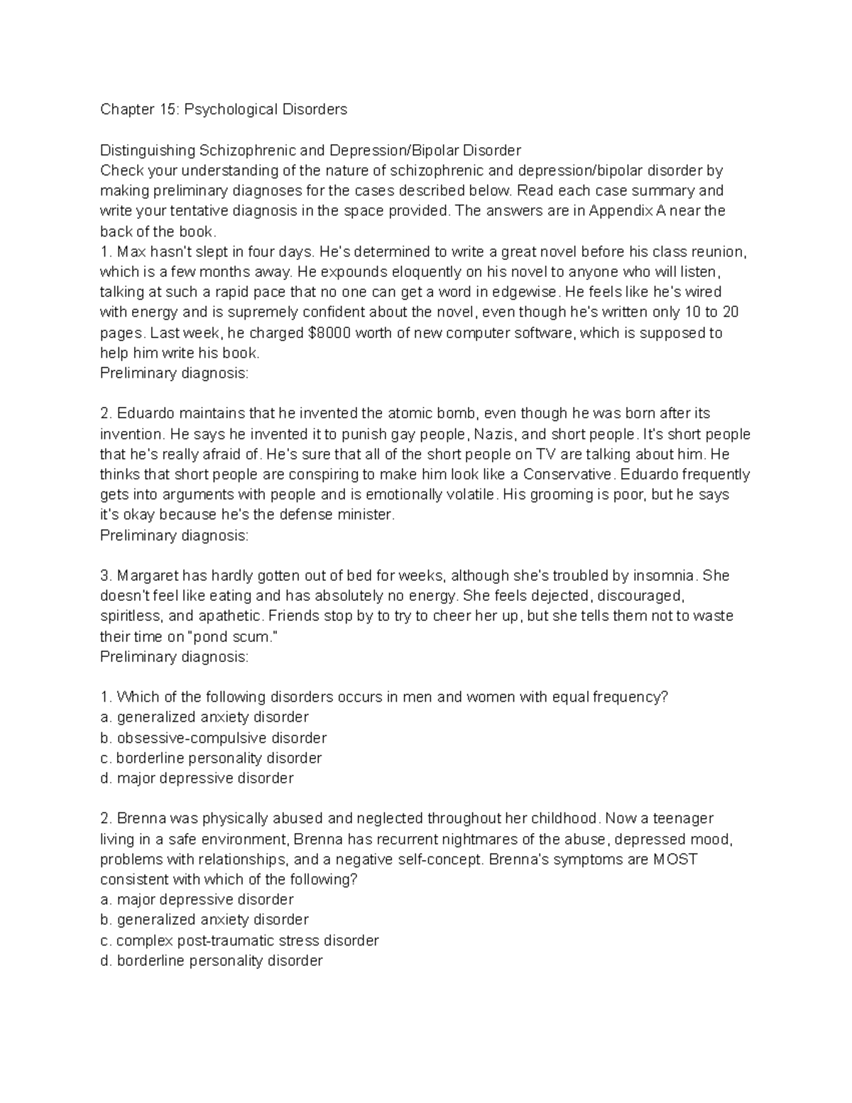 PSYC 1002 Chapter 15 Practice - Chapter 15: Psychological Disorders ...