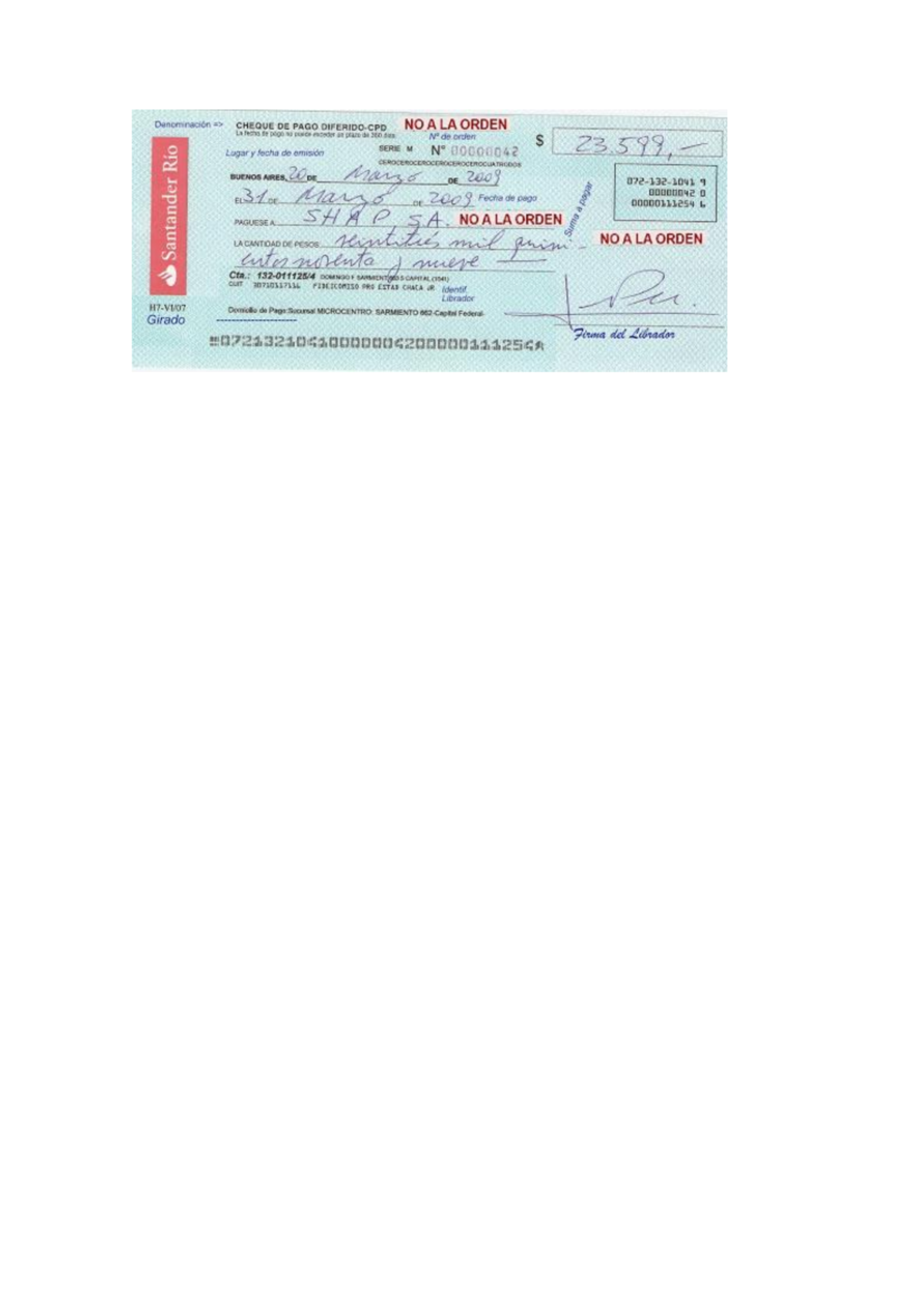 Titulo - APUNTES - Denominación => NOALA ORDEN CHEQUE DE PAGO DIFERIDO ...