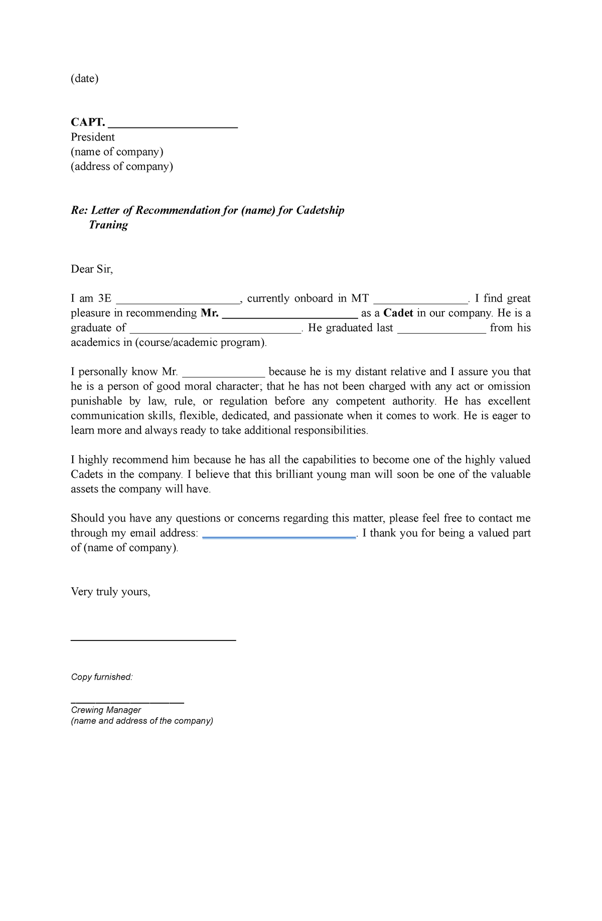 Letter of Recommendation - (date) CAPT ...