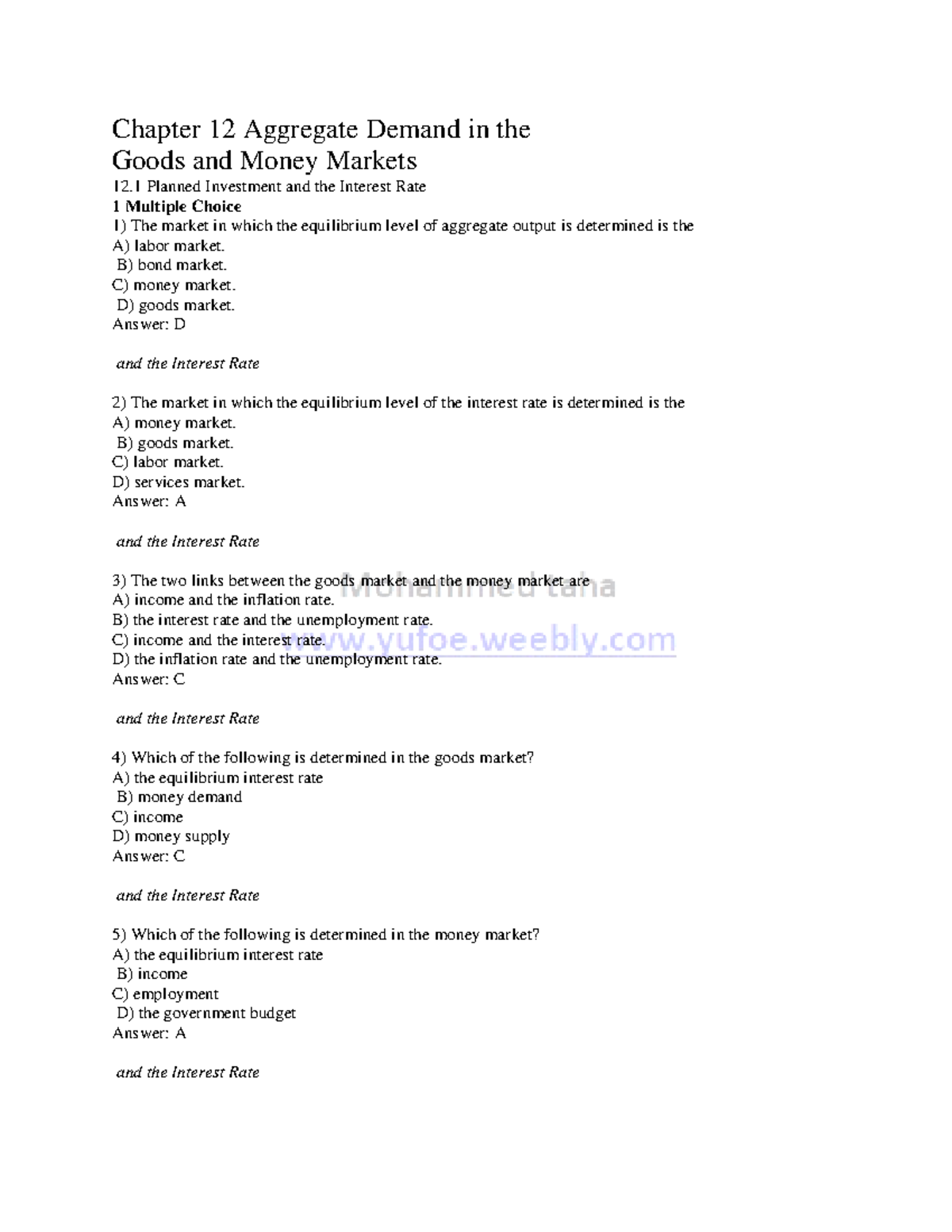Chapter 12 aggregate demand in the good and money markets - Chapter 12 ...