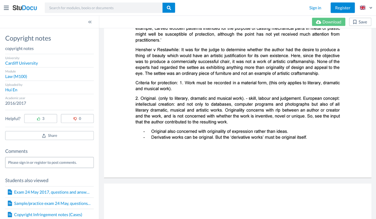 Copyright notes - Law - M100 - Cardiff - Stu Docu - Nottingham - Studocu