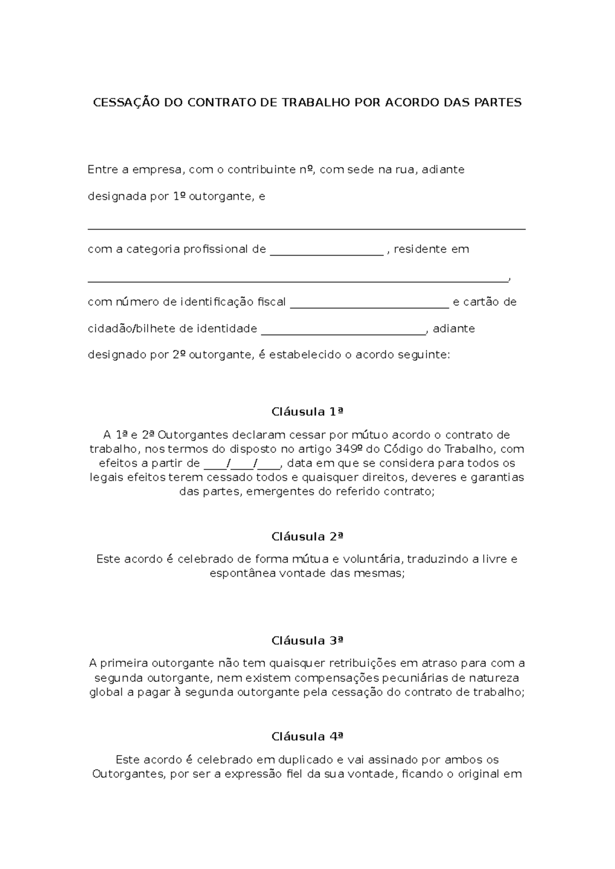 Cessação Do Contrato De Trabalho Por Acordo Das Partes CessaÇÃo Do Contrato De Trabalho Por 9389