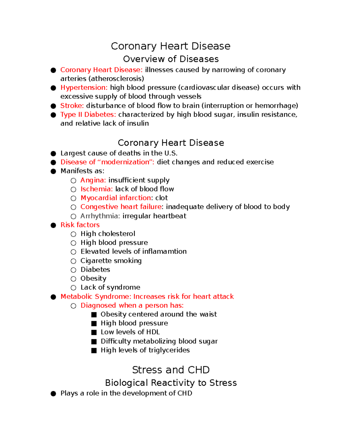 PSYC 412 Chapter 13 Notes - Coronary Heart Disease Overview of Diseases ...