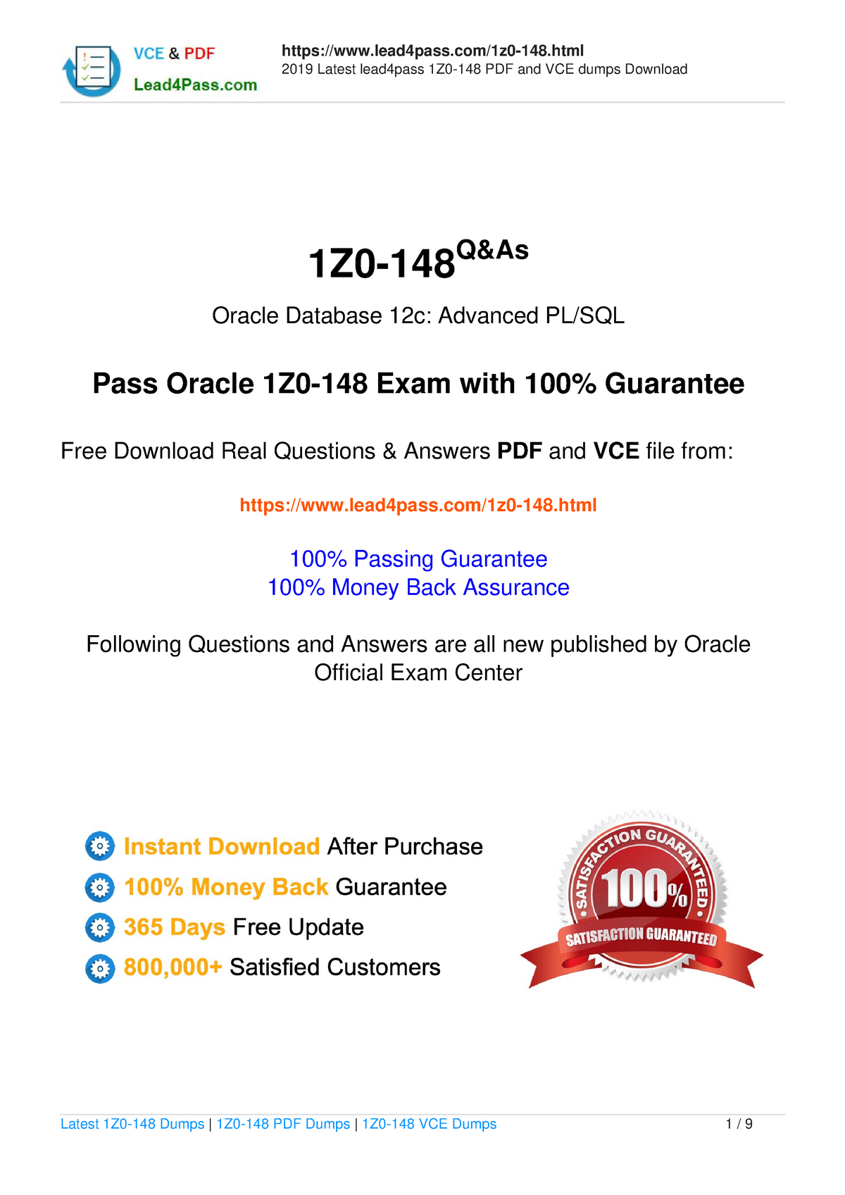 Latest Oracle SQL and PL-SQL 1Z0-148 Exam questions and answers - 2019  Latest lead4pass 1Z0-148 PDF - Sns-Brigh10