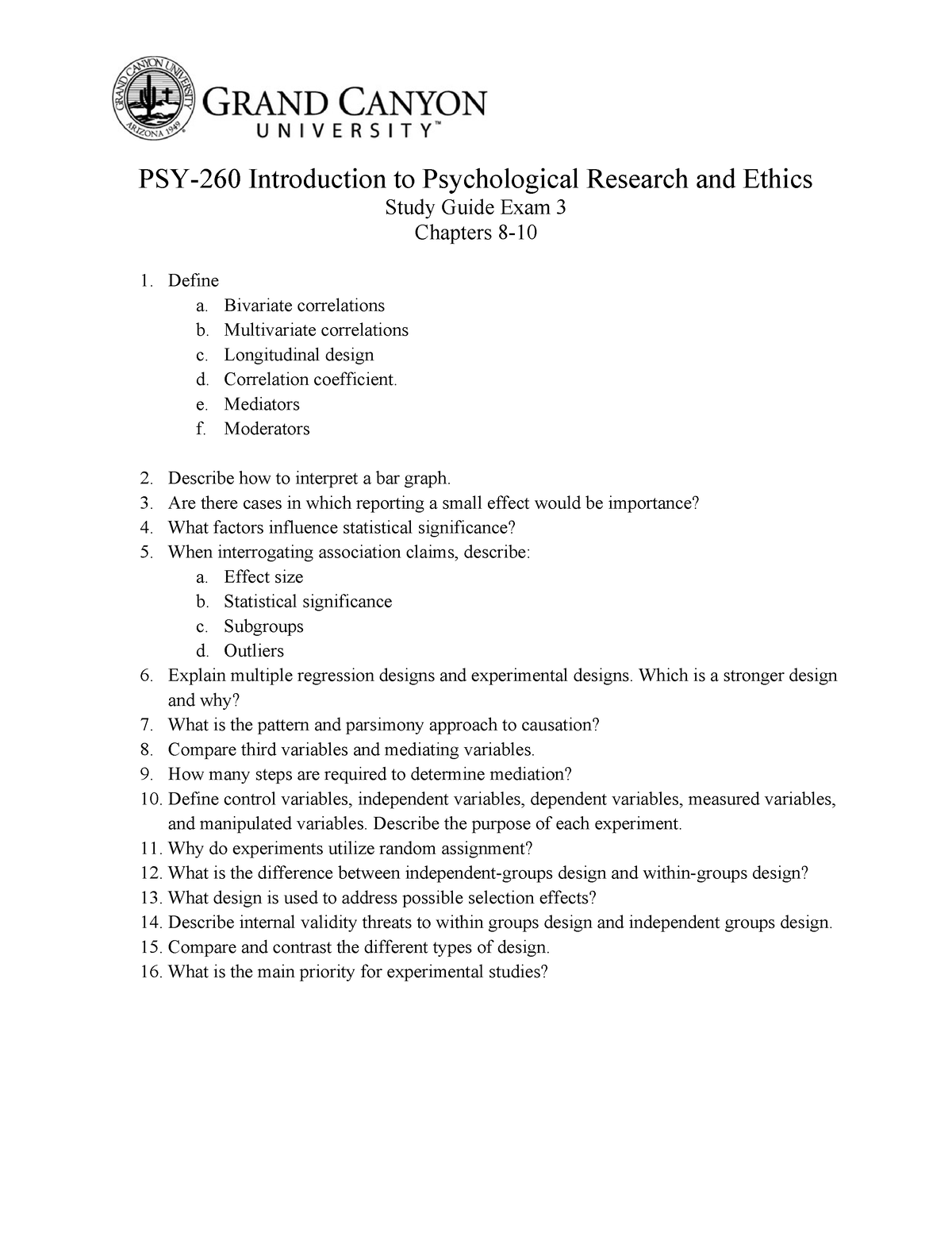 PSY 260 Q Study Guide 3 - PSY-260 Introduction To Psychological ...