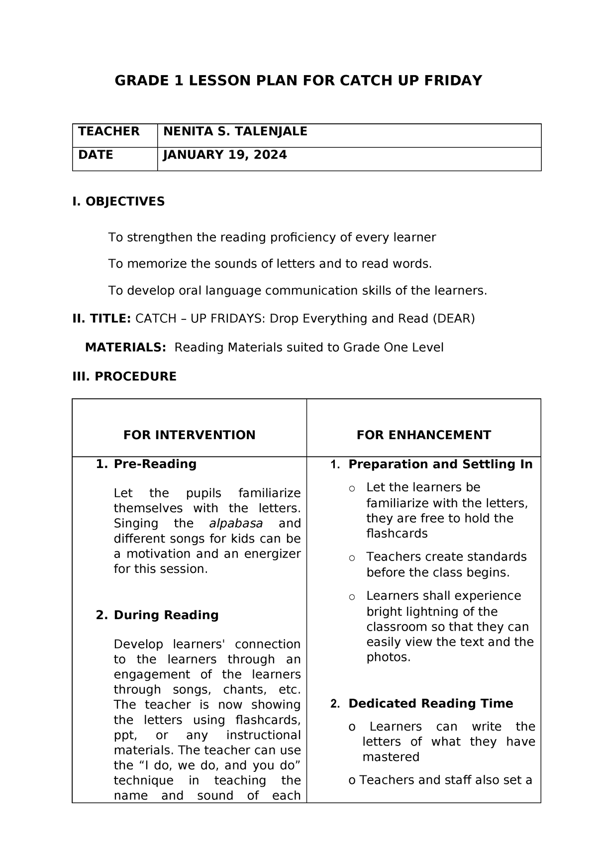 LessonPlanforReading January 19 GRADE 1 LESSON PLAN FOR CATCH UP