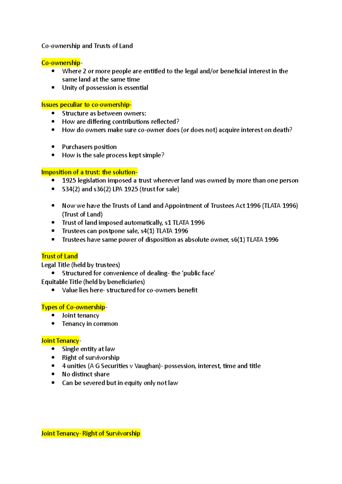 Co-ownership and trusts of land lecture notes - LBU - Studocu