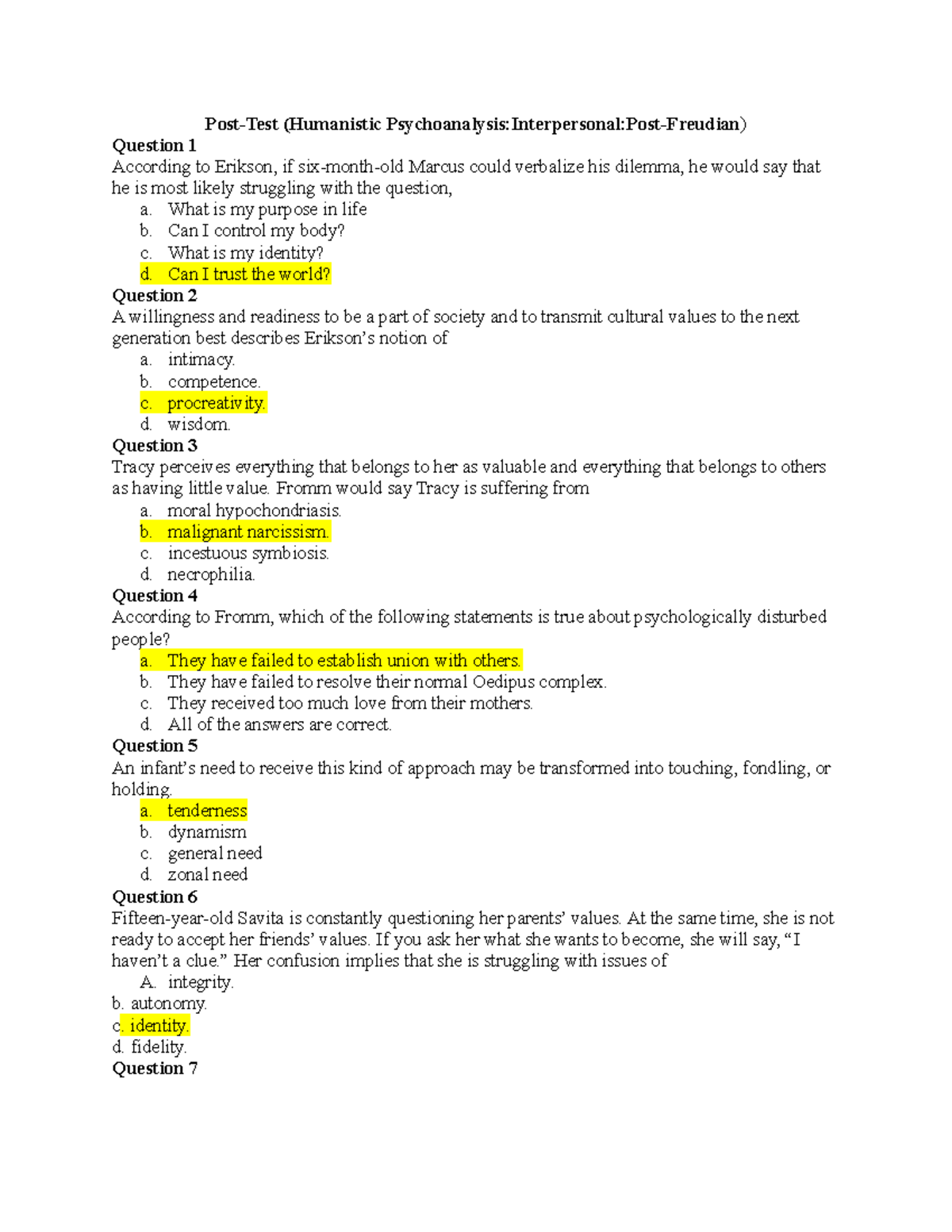 Pretestposttest Compilation theories of personality - Post-Test ...