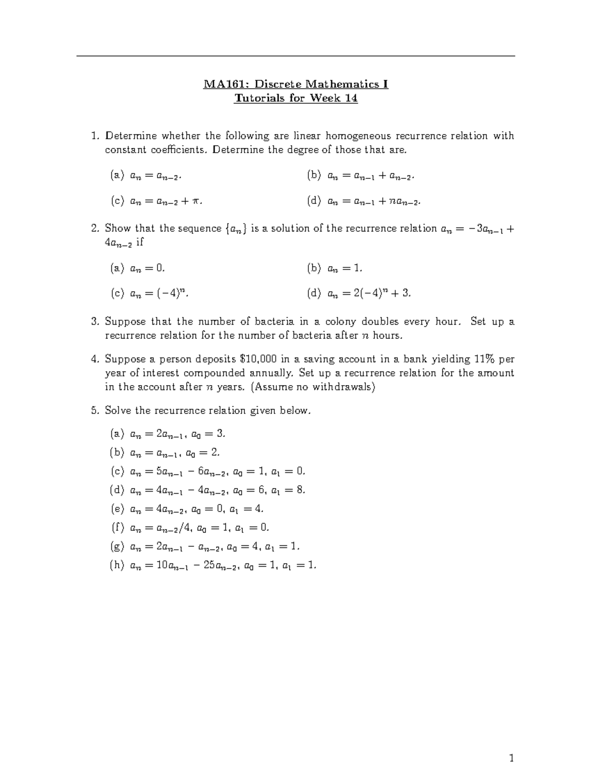 Tut Week 14 - please do not copy any work, there isnt any work - MA161 ...
