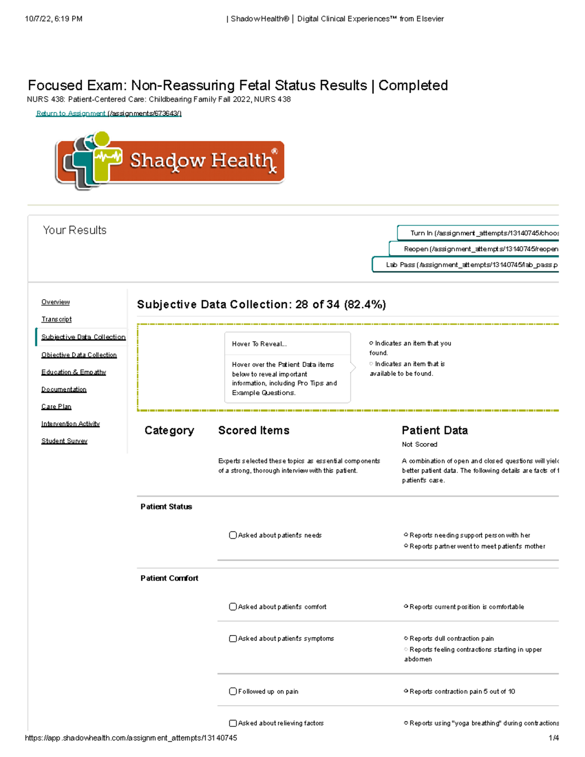 Shadow Health NonReassuring Fetal Status Subjective Data Focused
