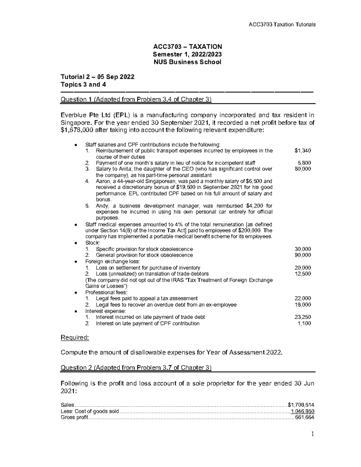 ACC 3703 Tut 2 - TUT Questions - ACC3703 – TAXATION Semester 1, 2022 ...