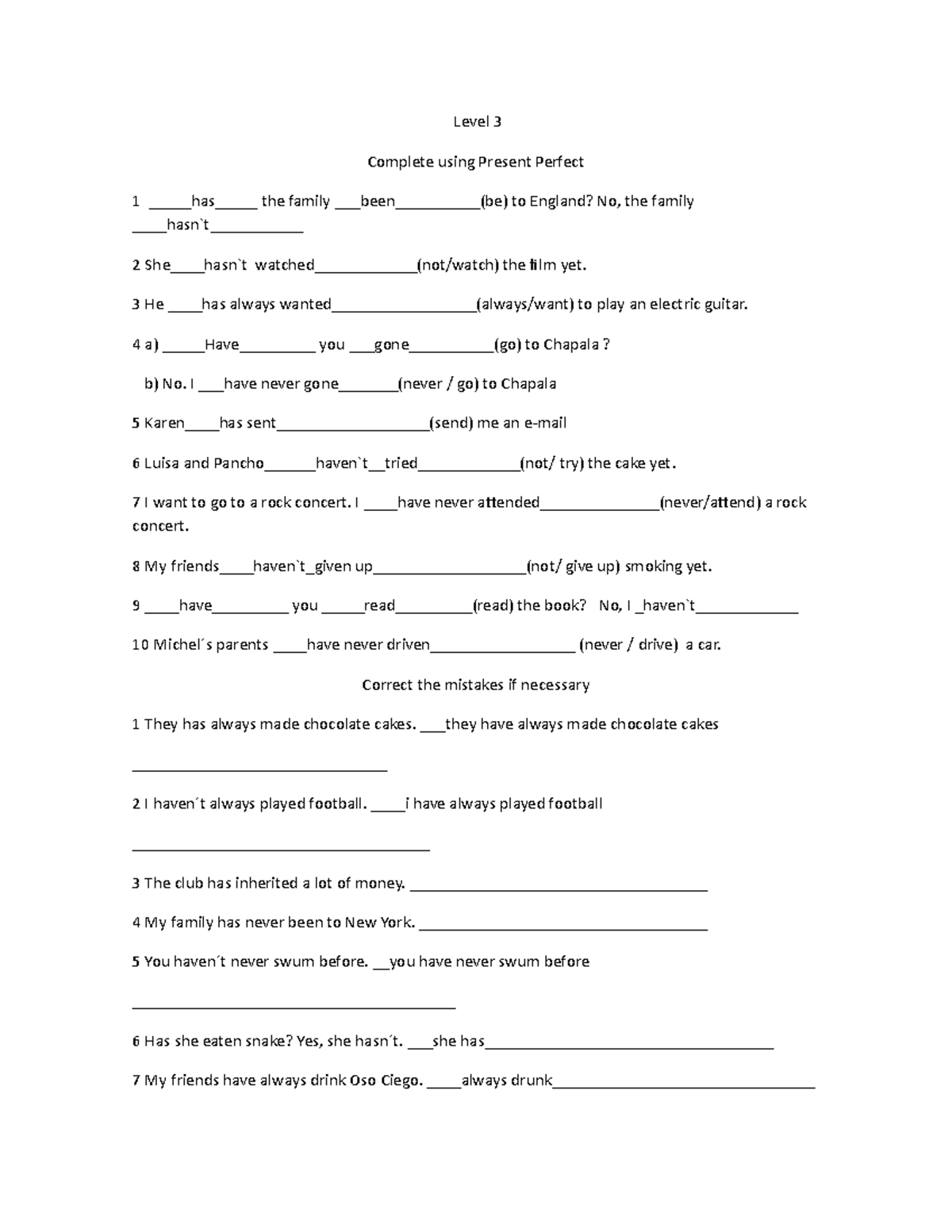 Present Perfect - ejemplos oraciones - Level 3 Complete using Present ...