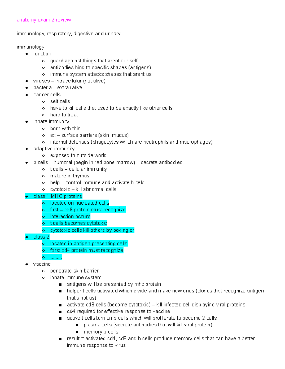 exam 2 review notes - anatomy exam 2 review immunology, respiratory ...