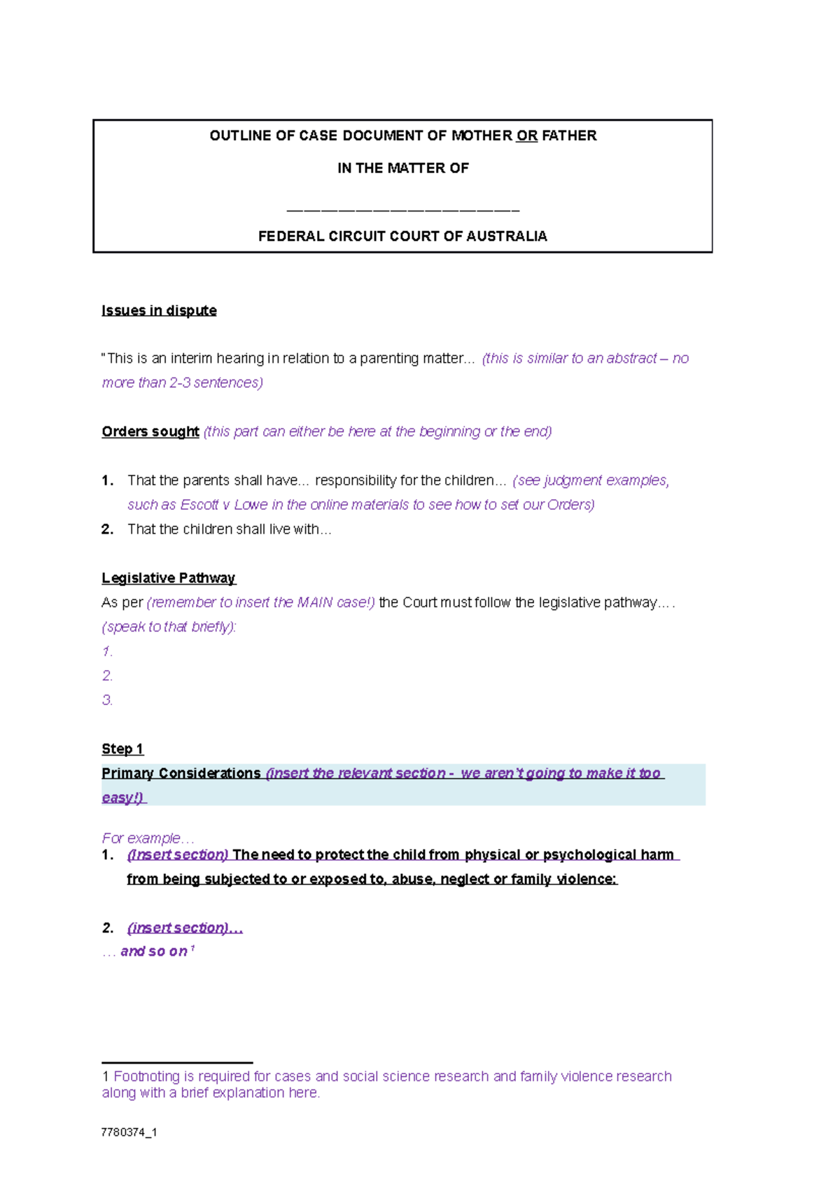 Case Outline Assessment Blank - OUTLINE OF CASE DOCUMENT OF MOTHER OR ...