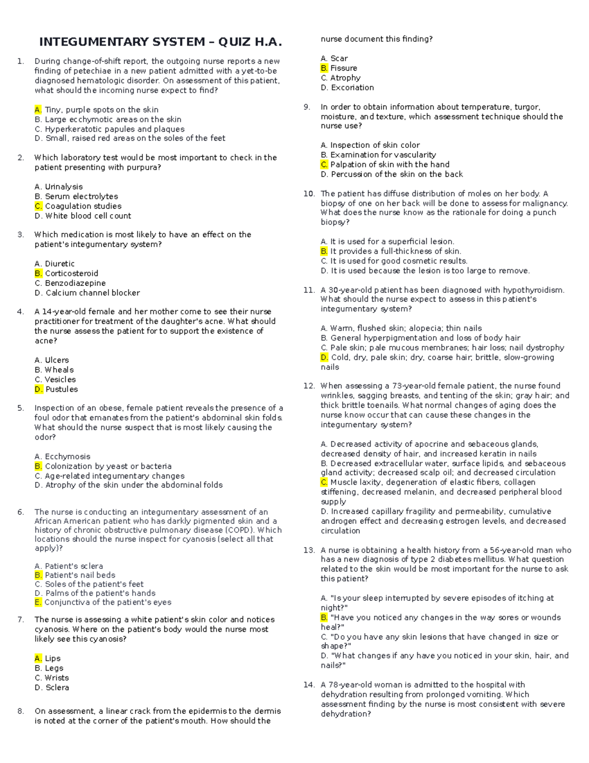 Integumentary System Assessment - QUIZ - INTEGUMENTARY SYSTEM – QUIZ H ...