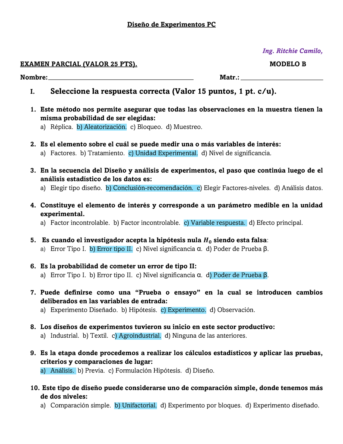 Examen 1ER Parcial Modelo B - Diseño De Experimentos PC Ing. Ritchie ...