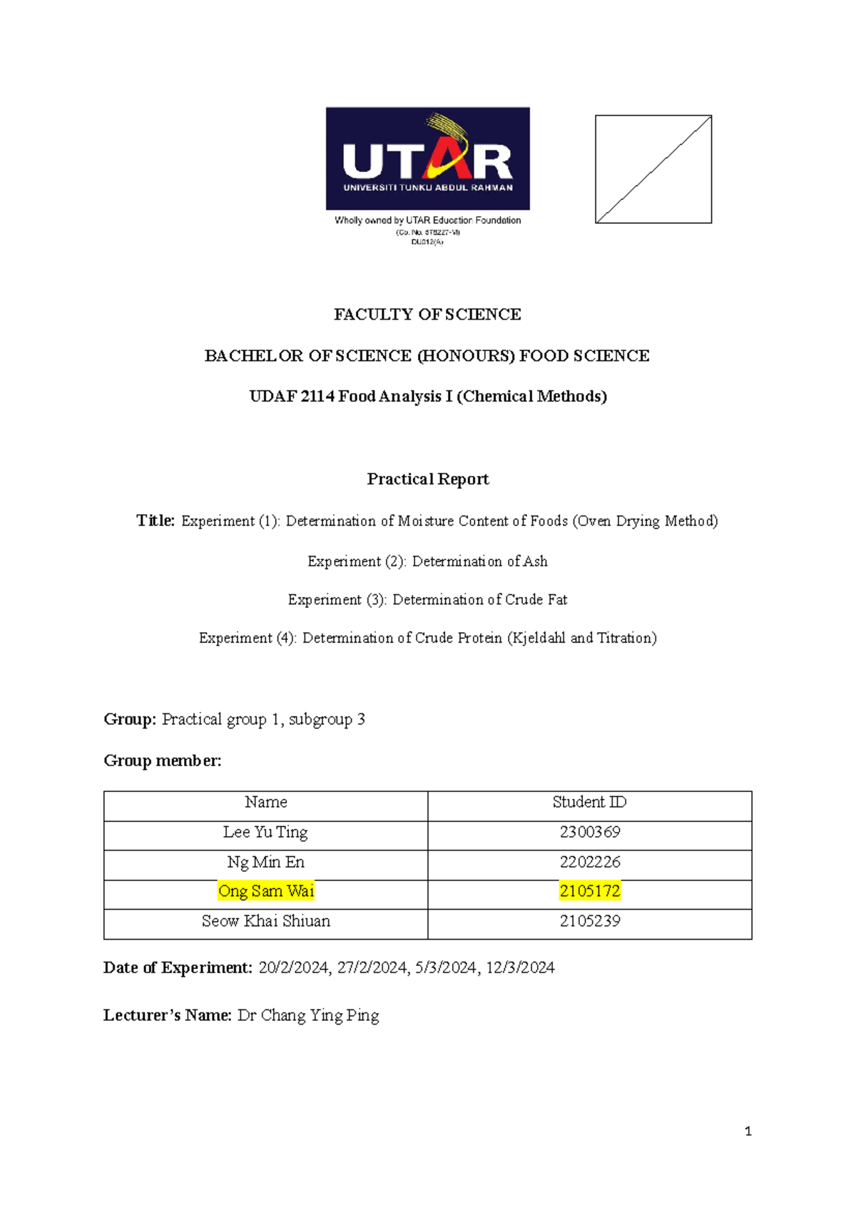 Proximate Analysis of Food - FACULTY OF SCIENCE BACHELOR OF SCIENCE ...