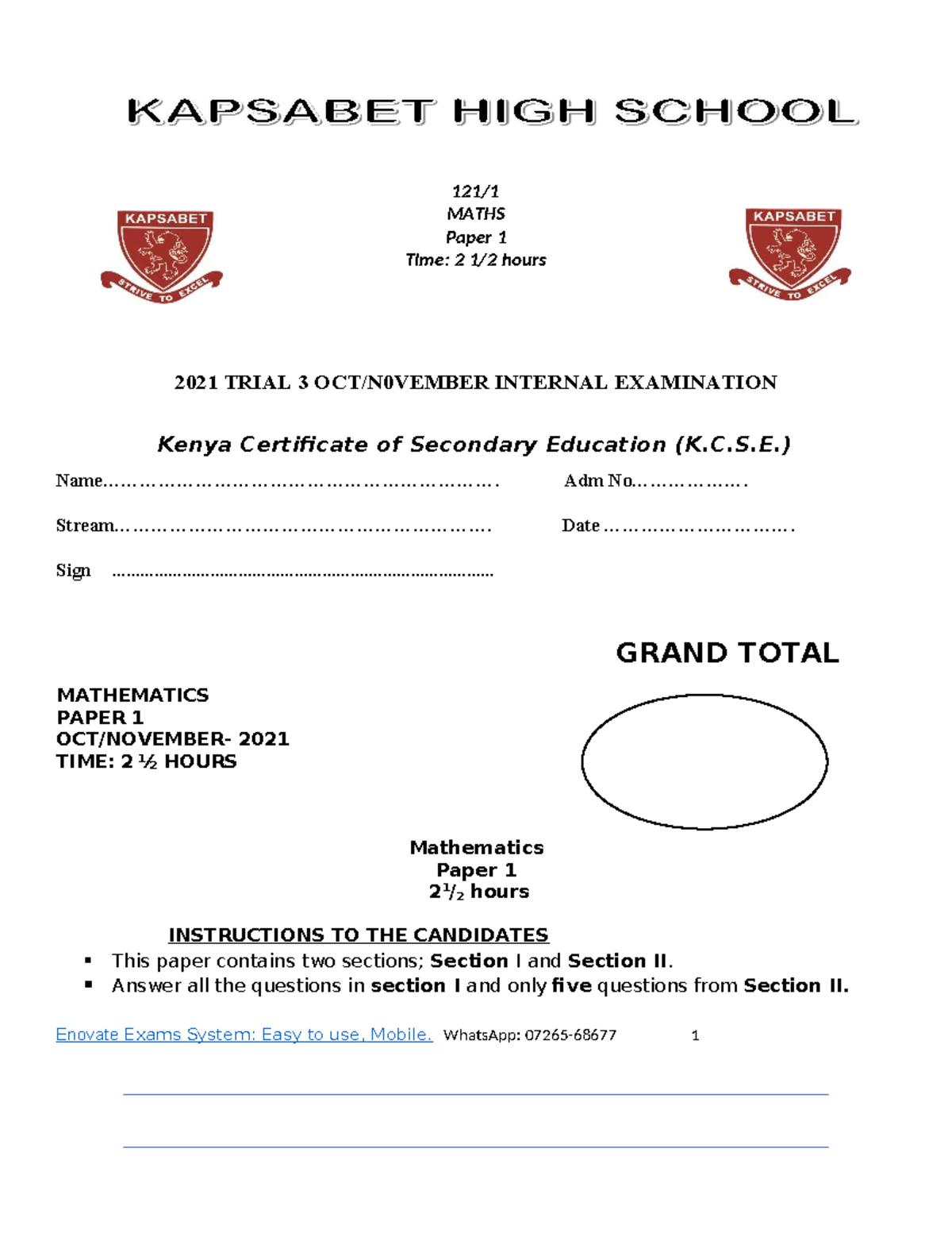 121 F4 Mathematics P1 QS 121/ MATHS Paper 1