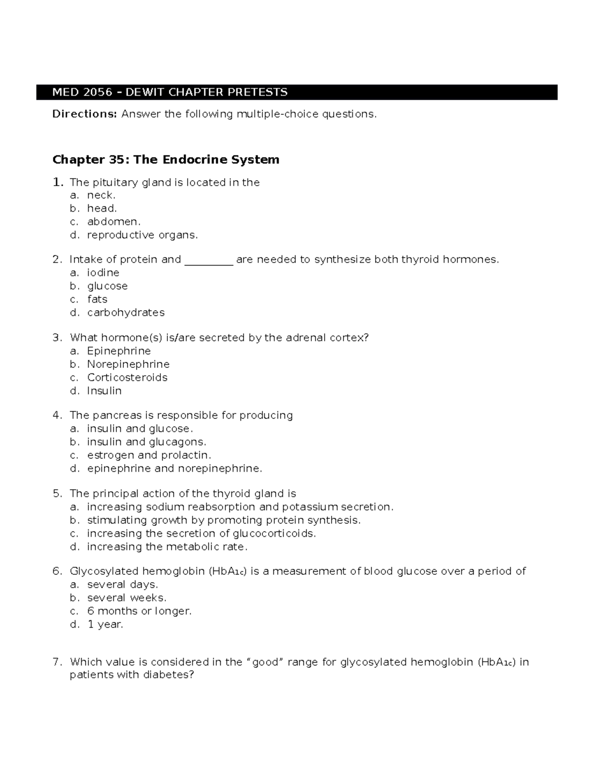 MED 2056 - De Wit Chapter Pretests - MED 2056 – DEWIT CHAPTER PRETESTS ...