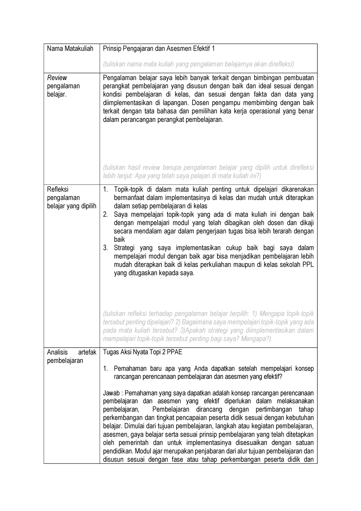 Jurnal Refleksi Tharuna Qalis Mula Prinsip Pengajaran Dan Asesmen Efektif Nama Matakuliah