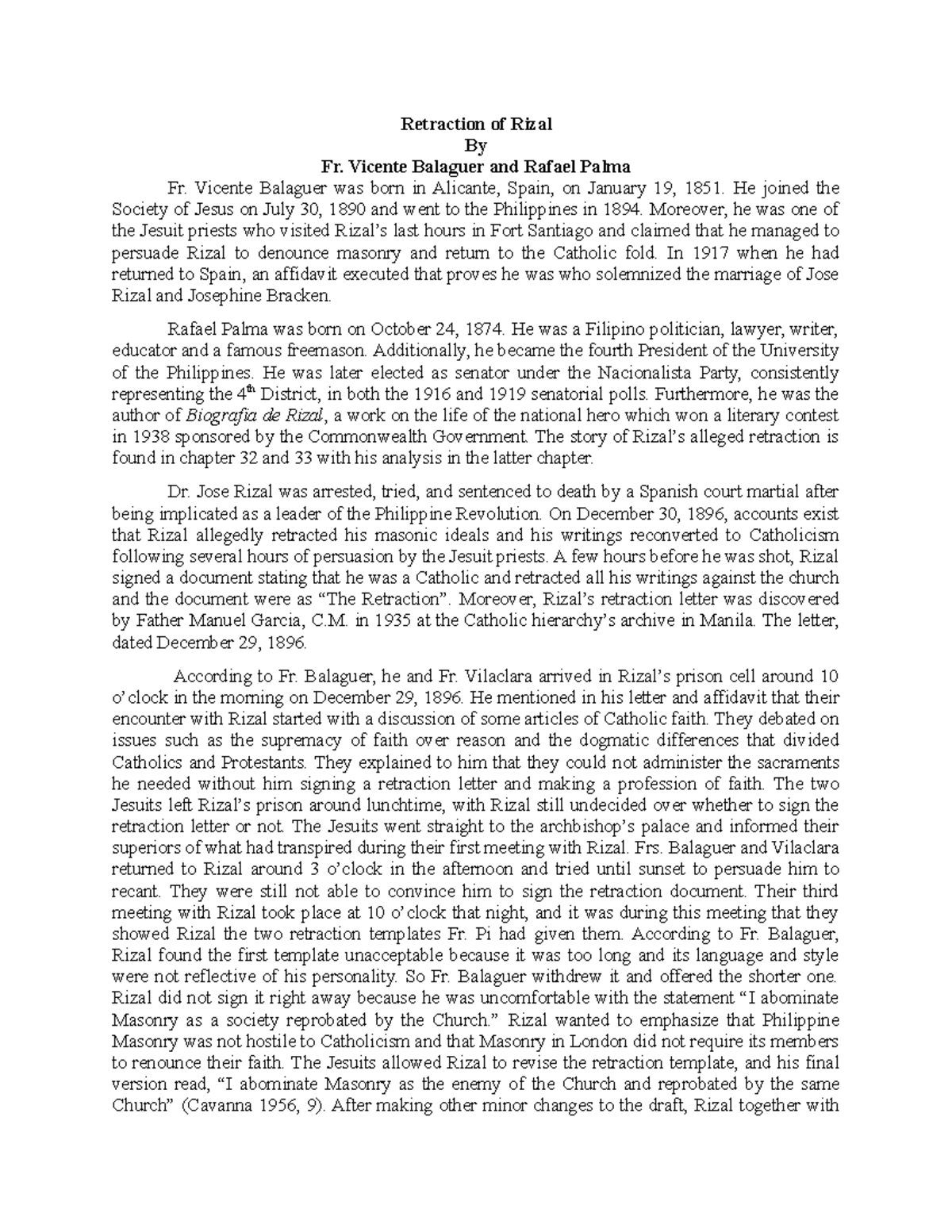 Retraction Of Jose Rizal Retraction Of Rizal By Fr Vicente Balaguer 