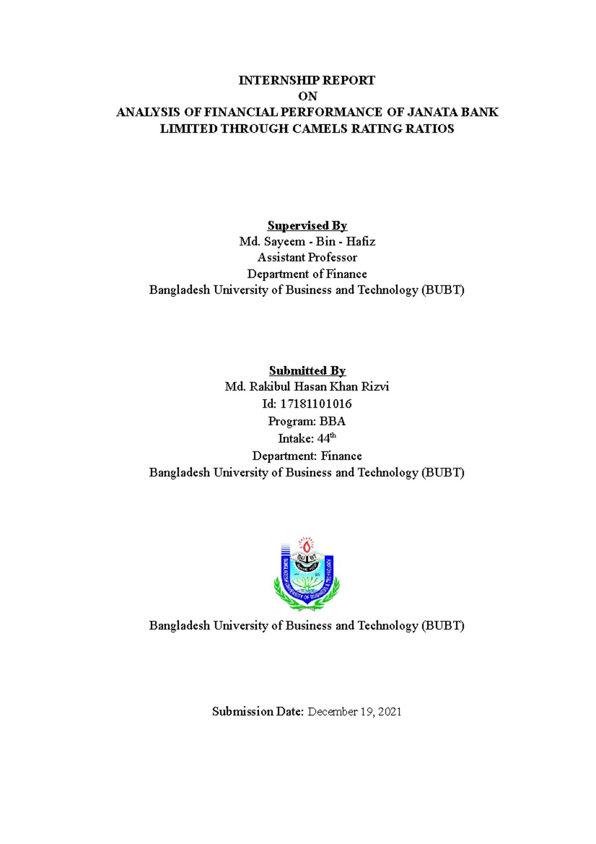 Financial Performnce of Camel Ratio Analysis of JBL 31 - INTERNSHIP ...