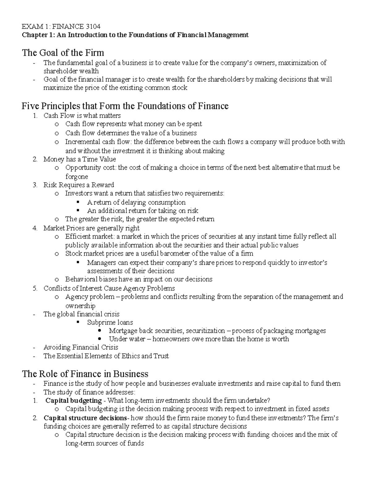 EXAM 1 Intro To Finance - Lecture Notes Study Guide - EXAM 1: FINANCE ...