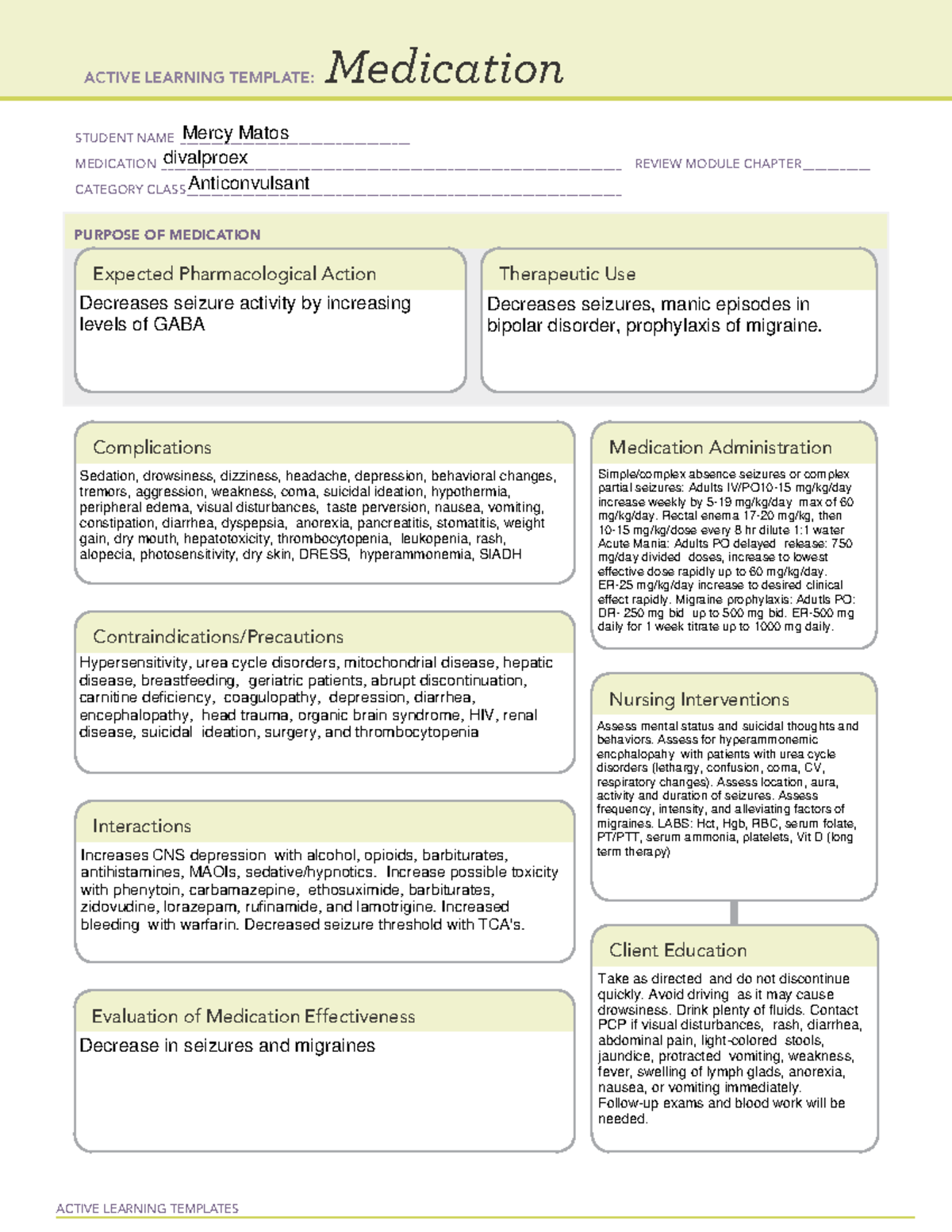 Divalproex medication templates and notes - 3180 - NSU - Studocu