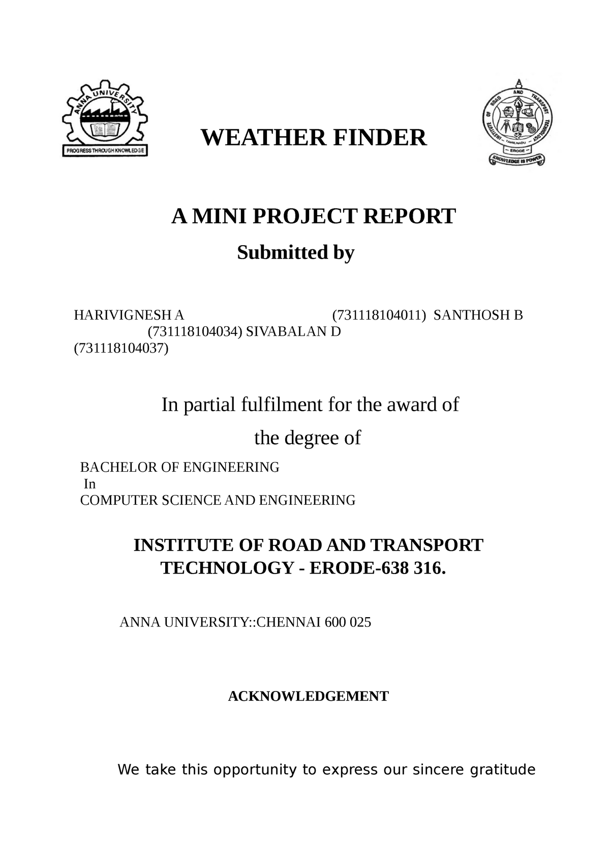 Weather Finder Report - WEATHER FINDER A MINI PROJECT REPORT Submitted ...