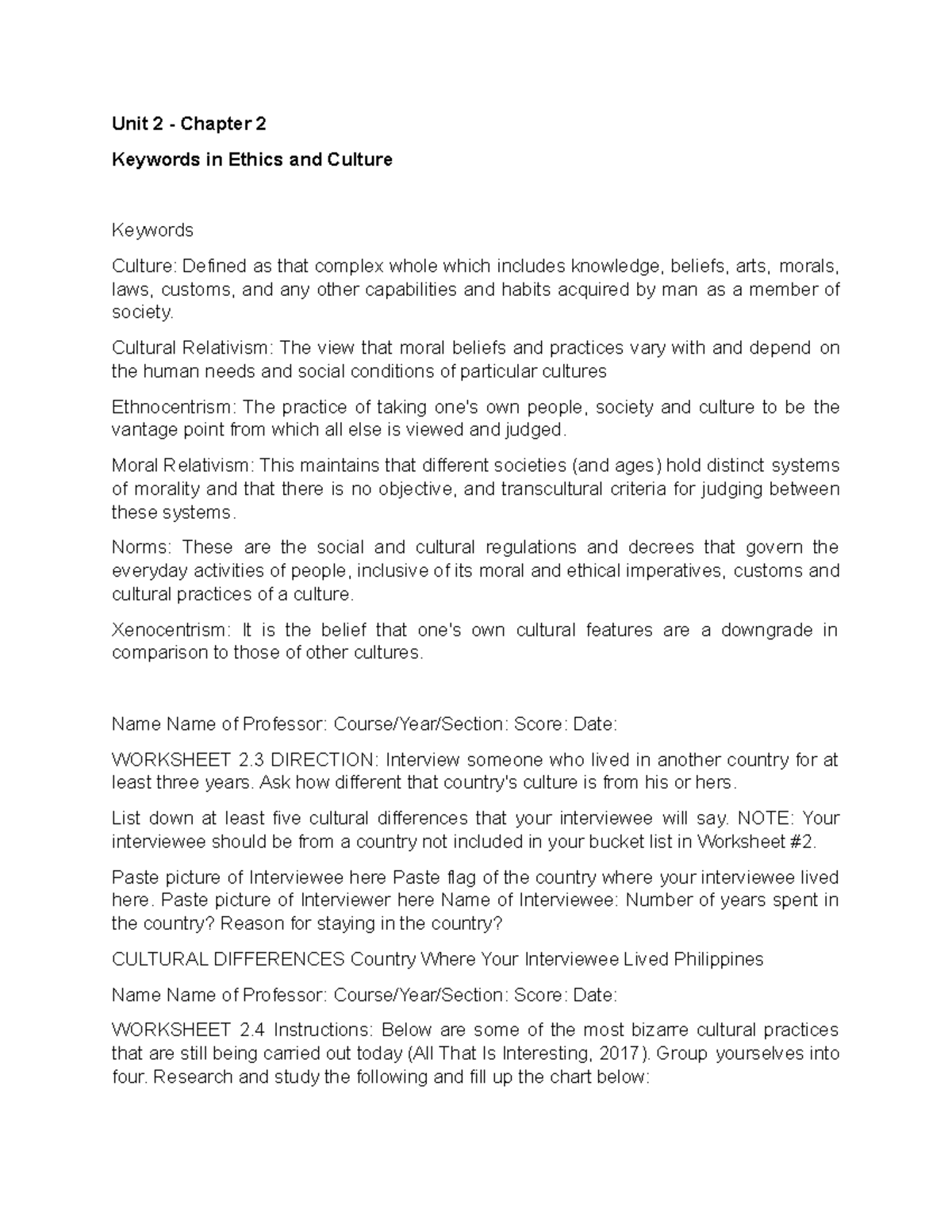 Chapter 2 Keywords in Ethics and Culture - Unit 2 - Chapter 2 Keywords ...