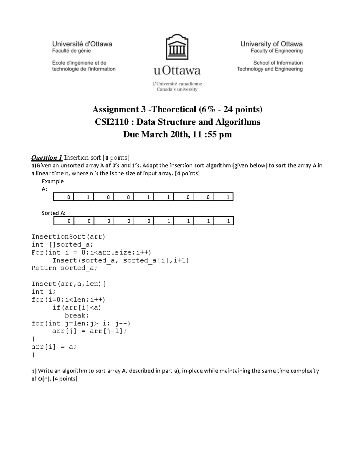 Assignment 3 - Adapt the insertion sort algorithm (given below) to sort ... image.