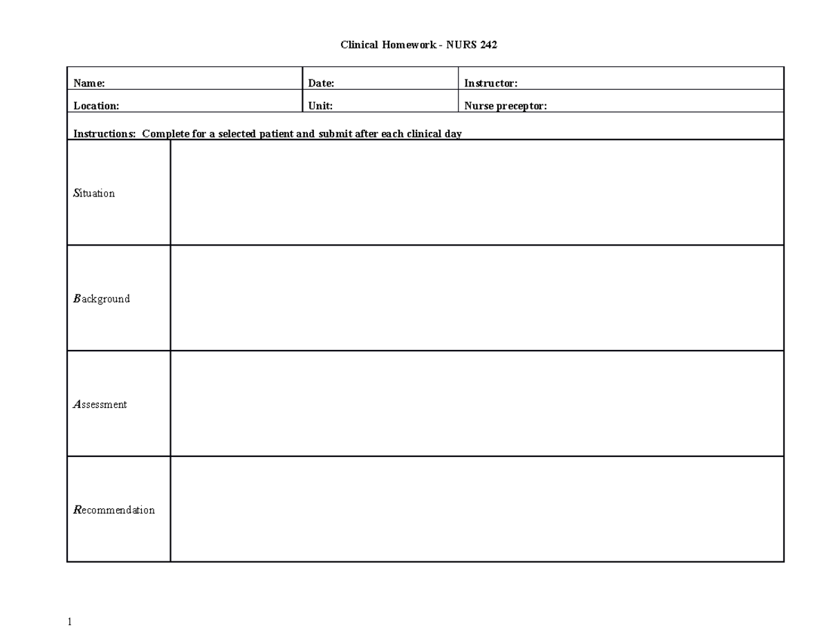 242 Clinical Homework - Name: Date: Instructor: Location: Unit: Nurse ...