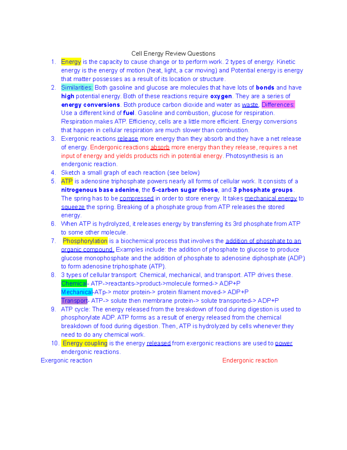 Energy and ATP study guide review answers to questions Cell Energy