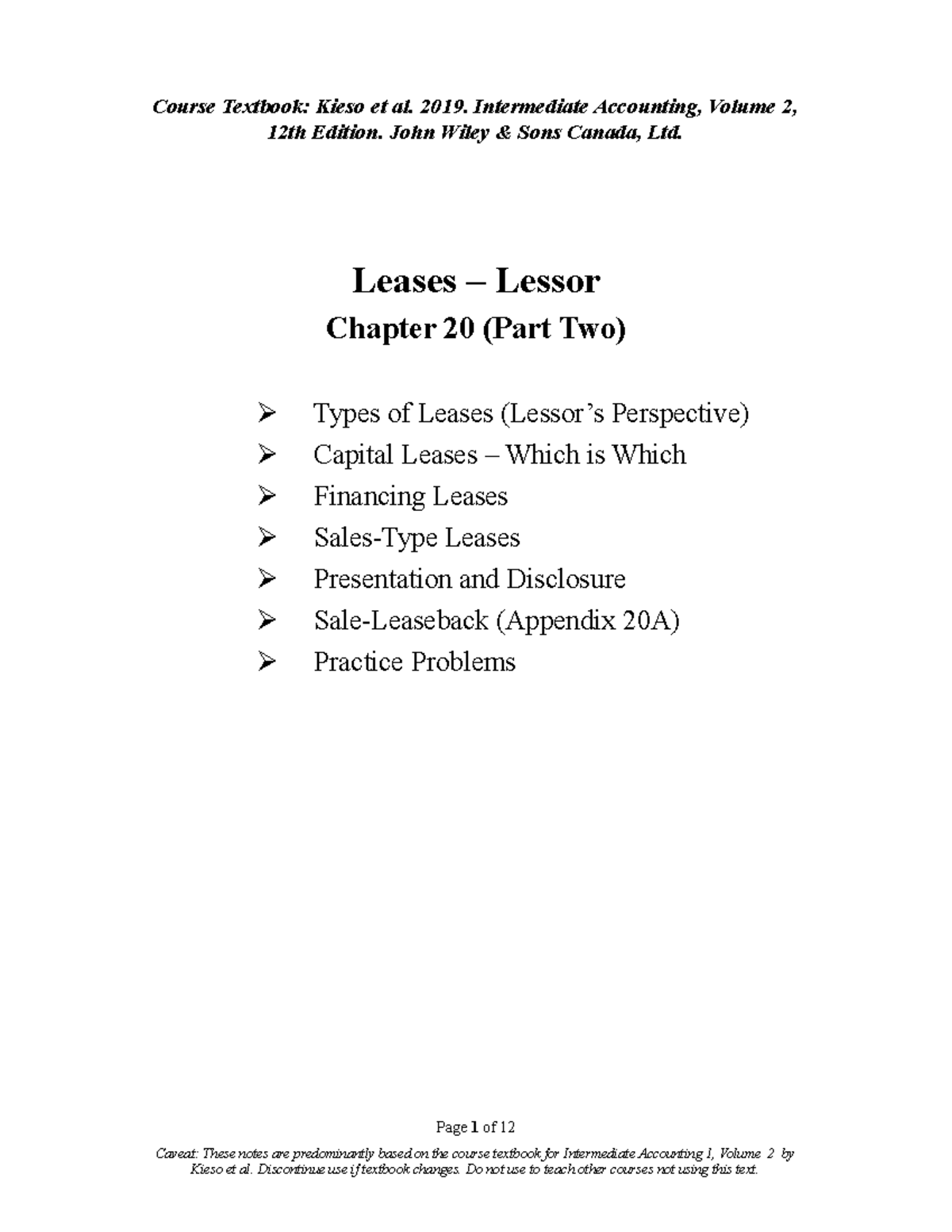 Ch 20B - Leases - Lessor - Course Textbook: Kieso Et Al. 2019 ...