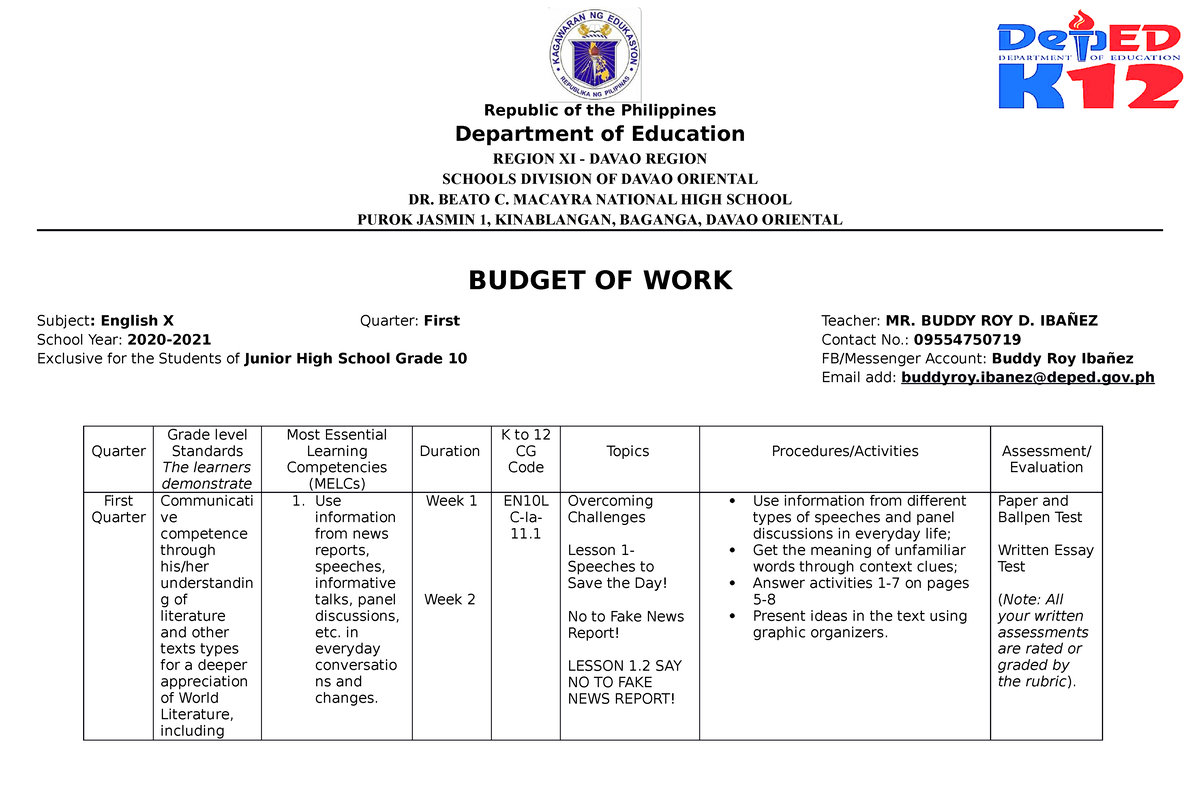 Budget Of Work For Teachers For Them To Guide Republic Of The Philippines Department Of 0237