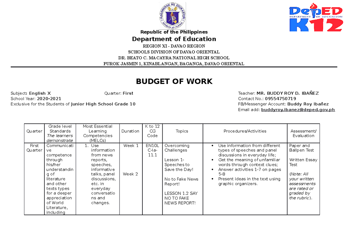 Budget OF WORK For Teachers For Them To Guide Republic Of The