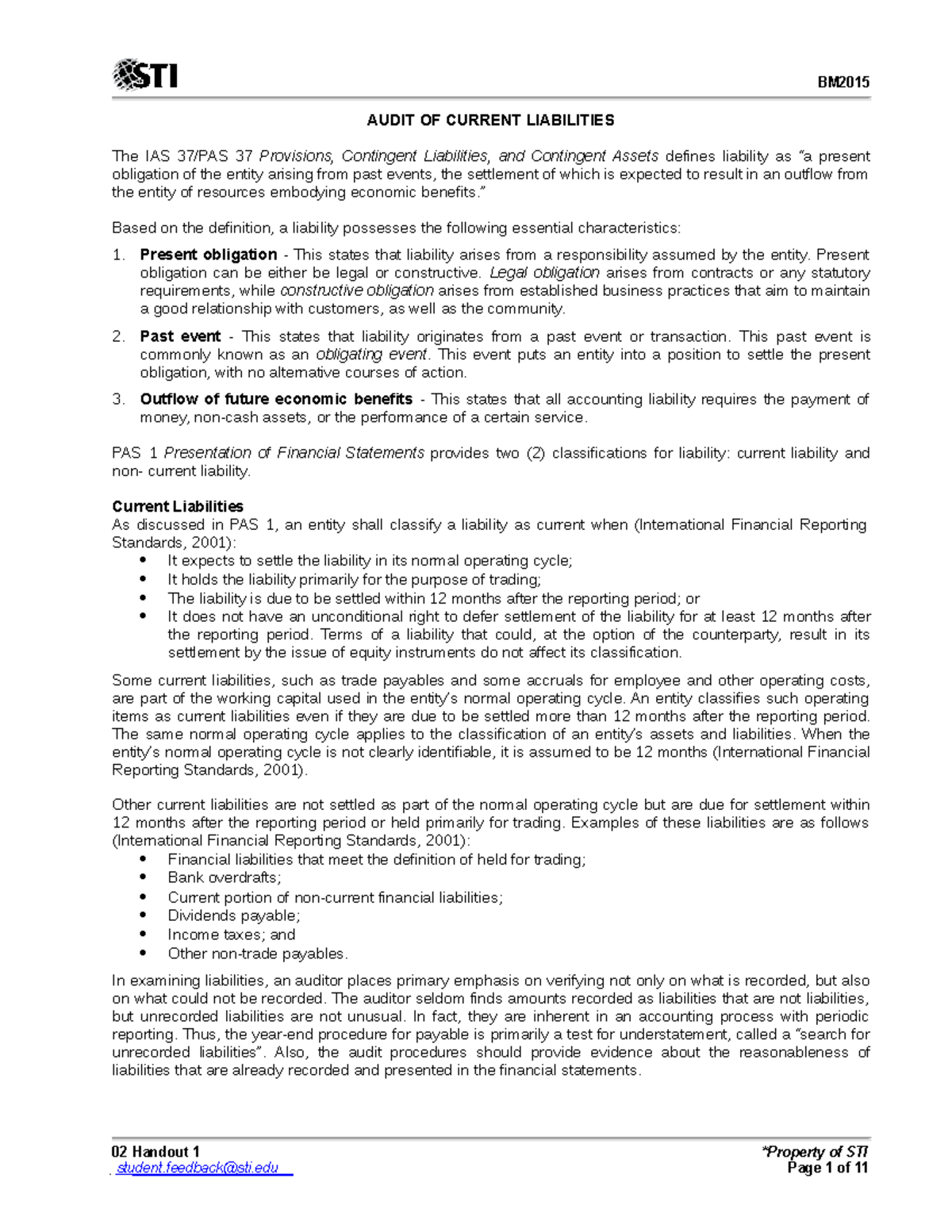 2 - Audit of Current Liabilities - BM 02 Handout 1 student@sti ...