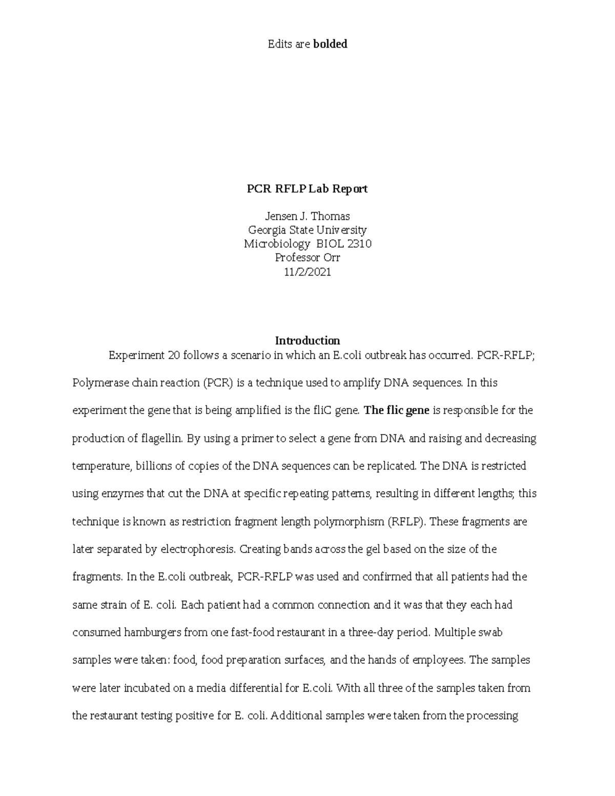 PCR RFLP Lab Report W revision PCR RFLP Lab Report Jensen J. Thomas