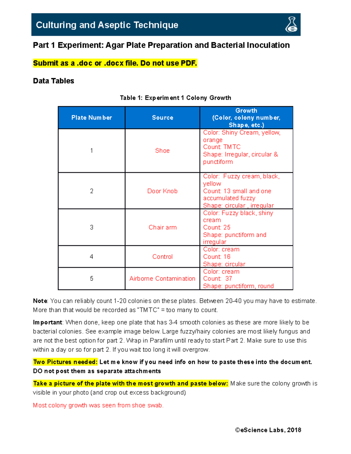 Lab4Part1ResultsSheet(2) Part 1 Experiment Agar Plate Preparation and Bacterial