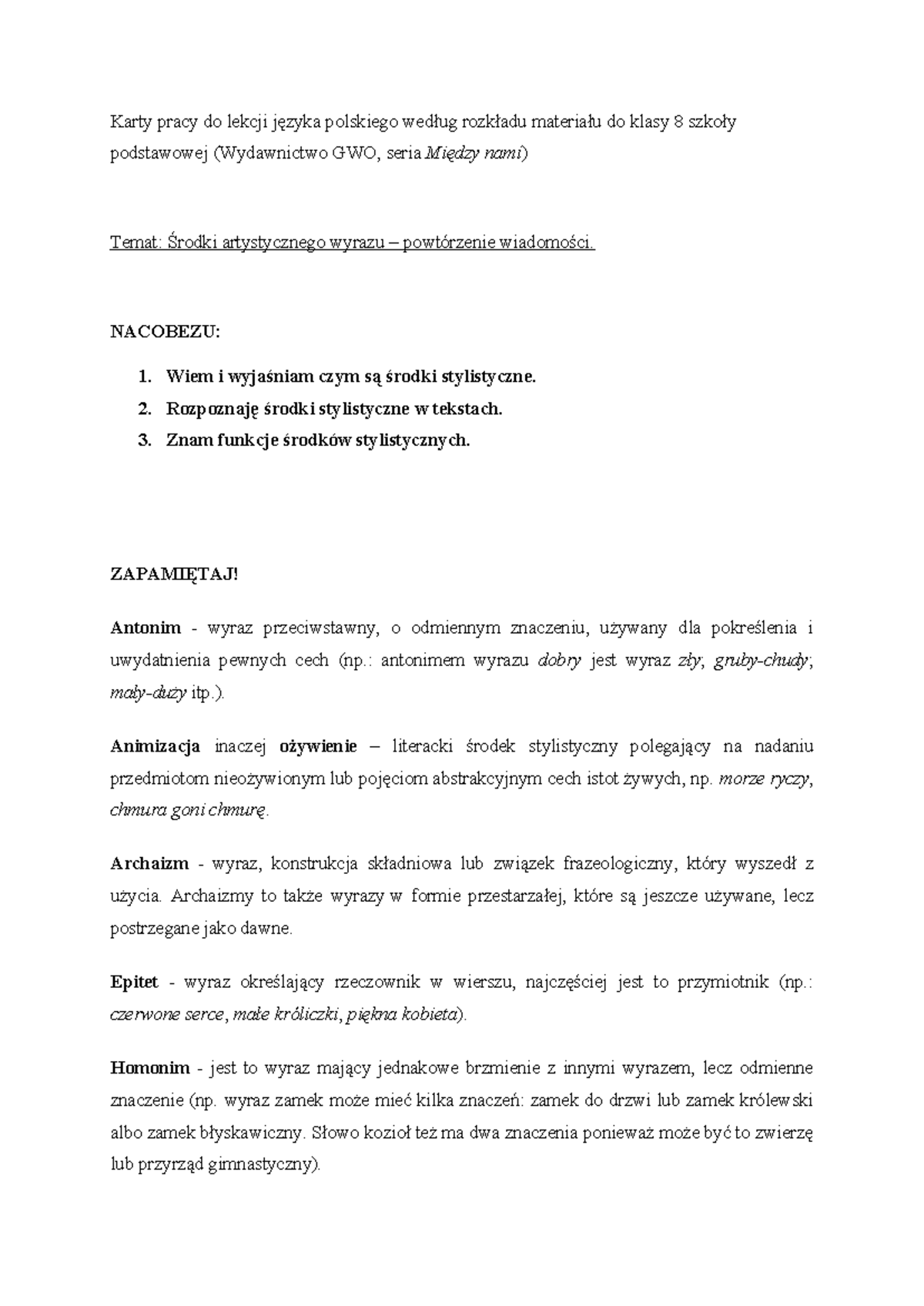 Srodki stylistyczne - zzzz - Karty pracy do lekcji języka polskiego