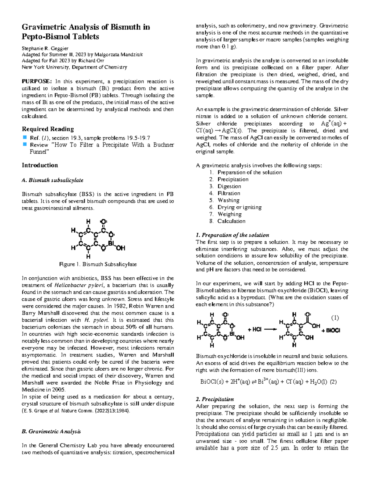 Exp4 Gravimetric Analysis - Gravimetric Analysis of Bismuth in Pepto ...