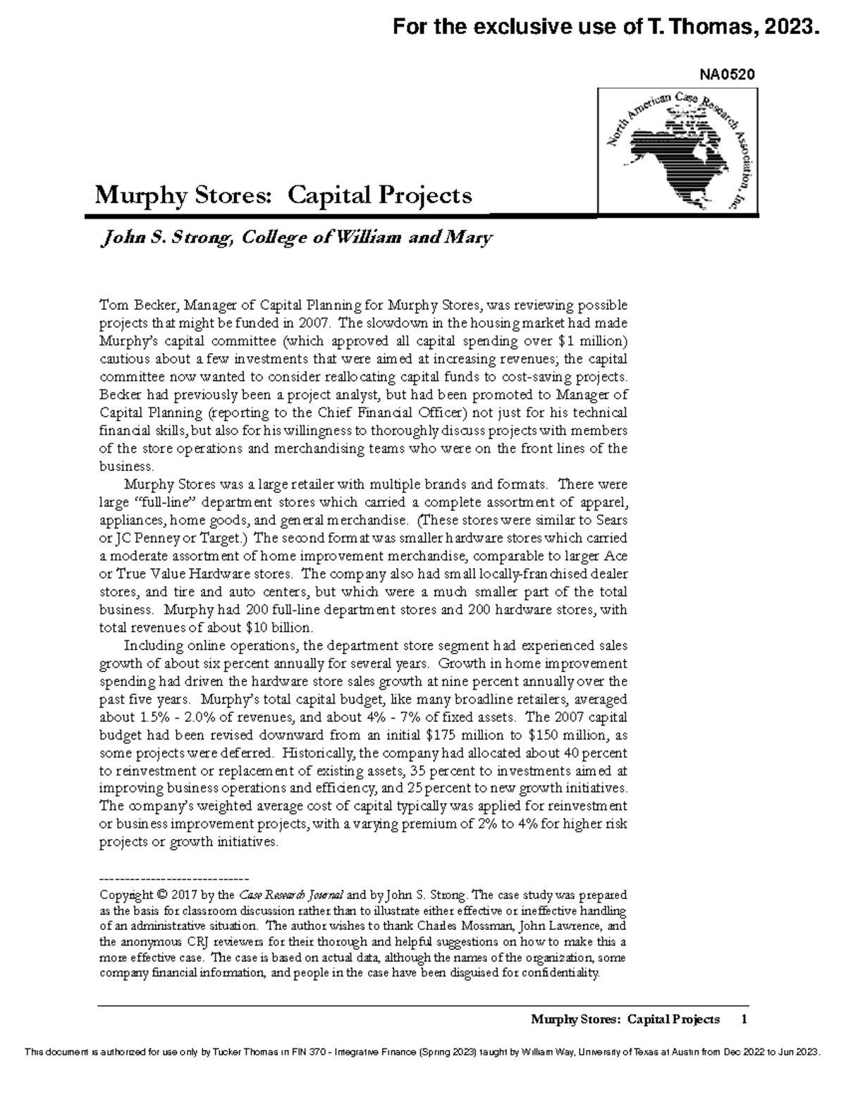 Murphy Stores Case Outline - Murphy Stores: Capital Projects 1 NA Murphy Stores: Capital ...