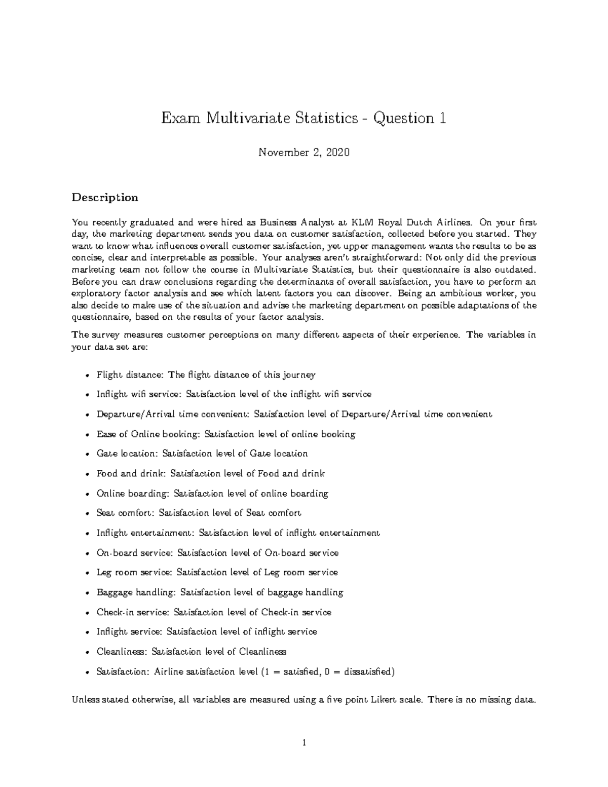 Question 1 exam 2020 - Exam Multivariate Statistics - Question 1 ...